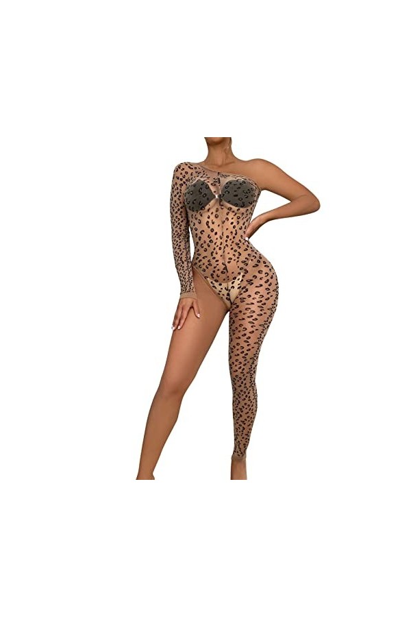 Sexy Chair Imprimé Léopard Femme Jambe à Manches Unique Filet Fesses Perles Lingerie, Kaki-a, taille unique