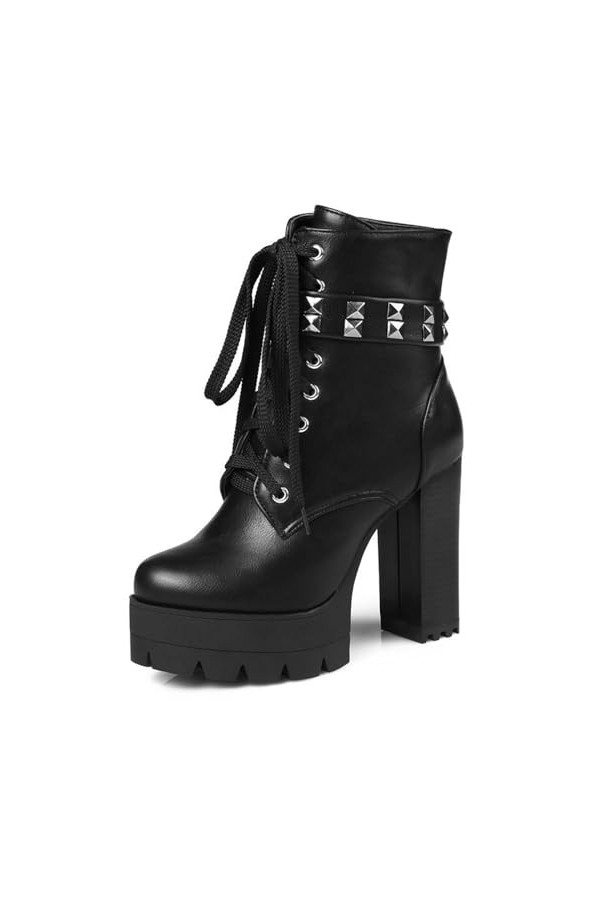 WOkismD 11CM / 4.33IN Bottes courtes à semelles épaisses pour femmes, talons hauts, talons hauts sexy à lacets, bottes mi-mol