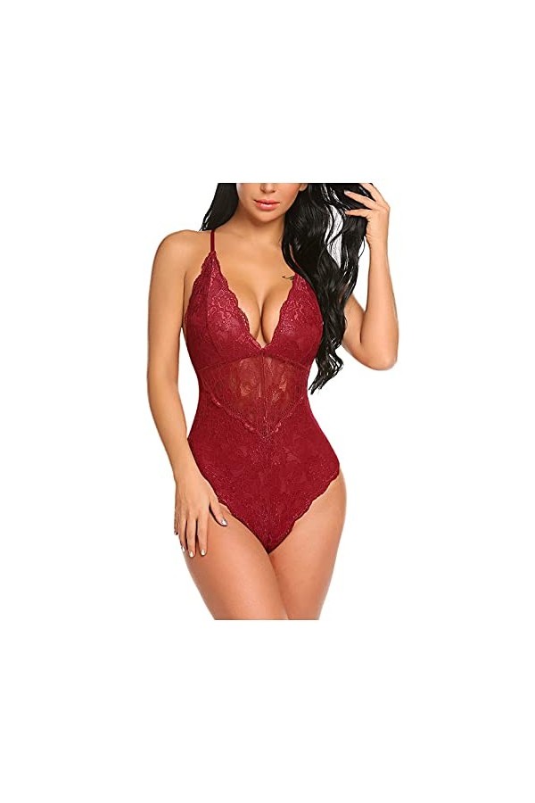 Hasagimol Lingerie Sexy Femme Pute One-Piece Deep V Dos Nu Réglable Teddy Sous-VêTement Entrejambe Dentelle Babydolls Body Co