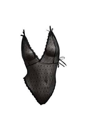 Combinaison ultra fine sexy en maille avec bretelles transparentes et lingerie sexy en dentelle pour femme, Noir , L