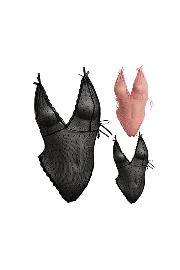 Combinaison ultra fine sexy en maille avec bretelles transparentes et lingerie sexy en dentelle pour femme, Noir , L