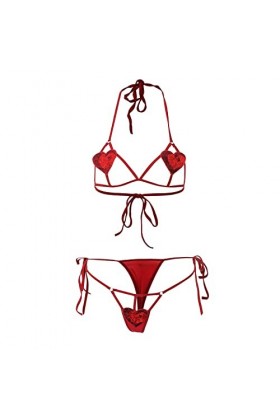 2023 New Year - Style sexy Love 3 points - Lingerie creuse - Sous-vêtements deux pièces - Combinaison fendue en satin, Rouge,