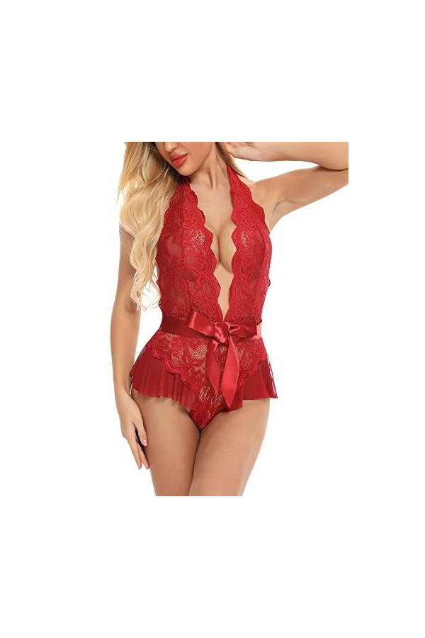 KELITCH Body en Dentelle pour Femmes Sexy col en v Dos Nu Lingerie Une pièce Garniture Combinaison Teddy Nuisette vêtements d