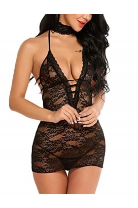 Avidlove Nuisette en dentelle transparente avec col en V et dos nu, Noir , Large