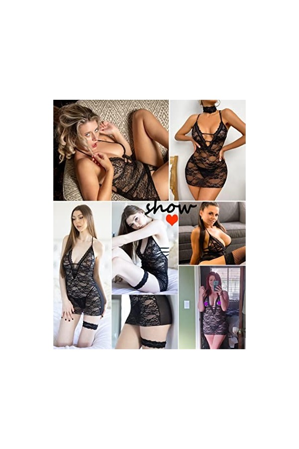 Avidlove Nuisette en dentelle transparente avec col en V et dos nu, Noir , Large