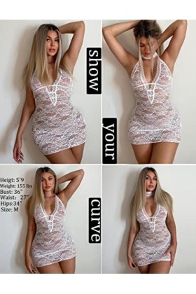 Avidlove Nuisette en dentelle transparente avec col en V et dos nu, blanc, XXL