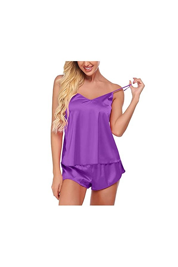 Nuisette pour femme - Nuisette sexy - Col en V - En soie, Rose, XXL