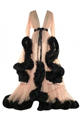 Welling Femmes Sexy Lingerie Sheer Mesh See Through Long Flare Sleeve Feather Dress Nightwear Robe Erotic Night Dress,Flesh,M