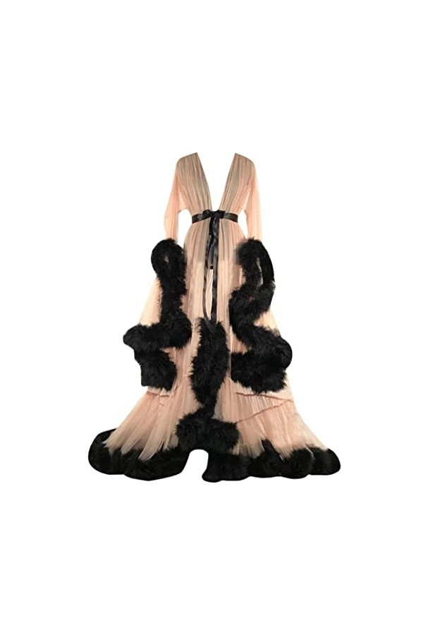 Welling Femmes Sexy Lingerie Sheer Mesh See Through Long Flare Sleeve Feather Dress Nightwear Robe Erotic Night Dress,Flesh,M