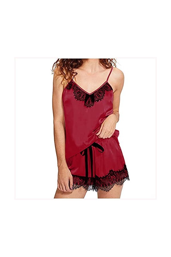 Briskorry Lingerie sexy 2 pièces en dentelle nuisette en soie synthétique - Sans manches - Tops - Lingerie sexy - Lingerie en