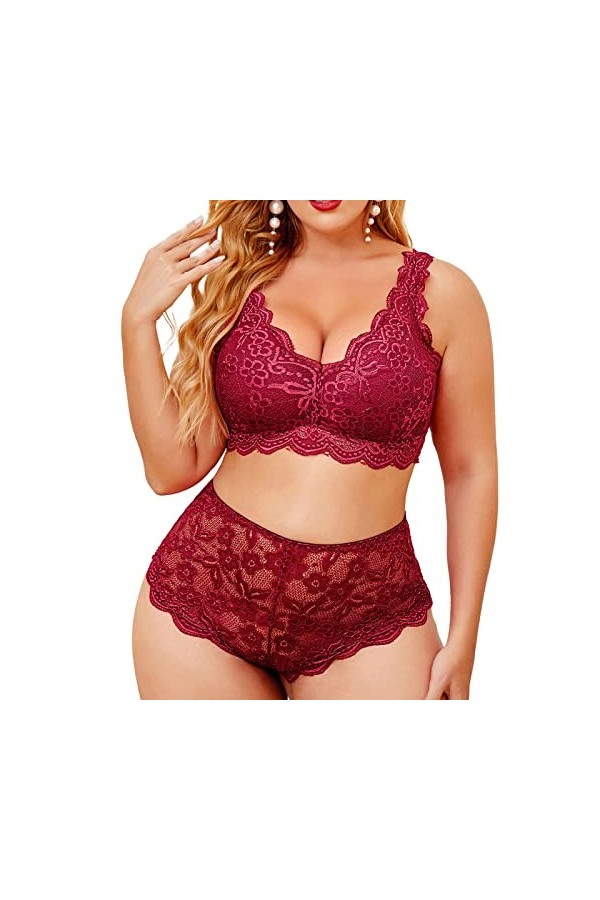 CUTeFiorino Lingerie sexy pour femme - Pour Noël - Grande taille - Sexy - Col en V - Taille haute - Dentelle florale - Soutie