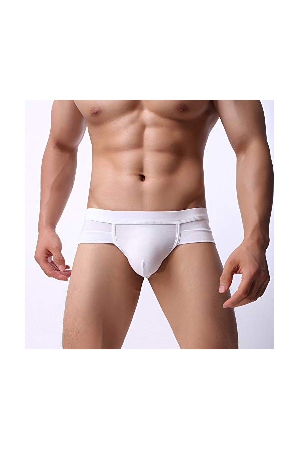 Hommes Sexy Coton Boxer Briefs Shorts sous-vêtements Doux Renflement Pouch Slip String Sexy Hot Ouverte White, L 