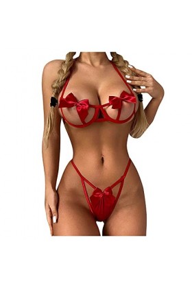 Luckywaqng Sous-vêtements sexy rouge mode vêtements de nuit anneau pantalon dentelle sous-vêtements sexy pyjama sous-vêtement