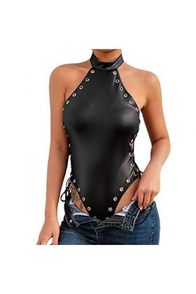 Body Femme Sexy Rivet Combinaison Une PièCe Teddy Lingerie Femme Maillot De Bain Halter Dos Nu en Cuir Verni Rivet Cuir Verni
