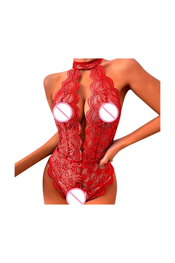 Lingerie Nuisette Femme Sexy Ensemble Une pièce Teddy Ensemble de Lingerie Ouvert Entrejambe Dentelle Babydoll Body Combinais