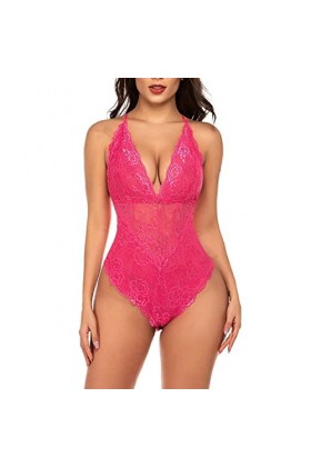 Hasagimol Lingerie Sexy Femme Pute One-Piece Deep V Dos Nu Réglable Teddy Sous-VêTement Entrejambe Dentelle Babydolls Body Co