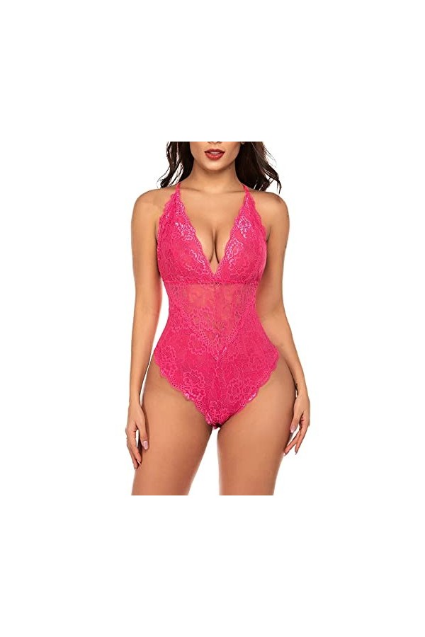 Hasagimol Lingerie Sexy Femme Pute One-Piece Deep V Dos Nu Réglable Teddy Sous-VêTement Entrejambe Dentelle Babydolls Body Co