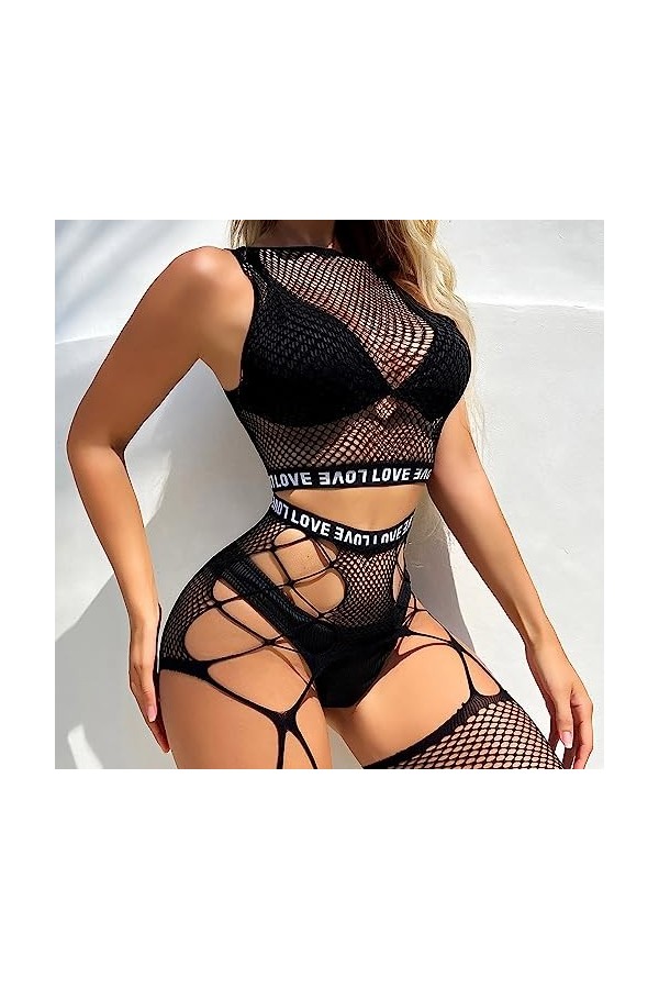 Combinaison ultra fine sexy en maille avec bretelles transparentes et lingerie sexy avec chaînes, Noir , taille unique