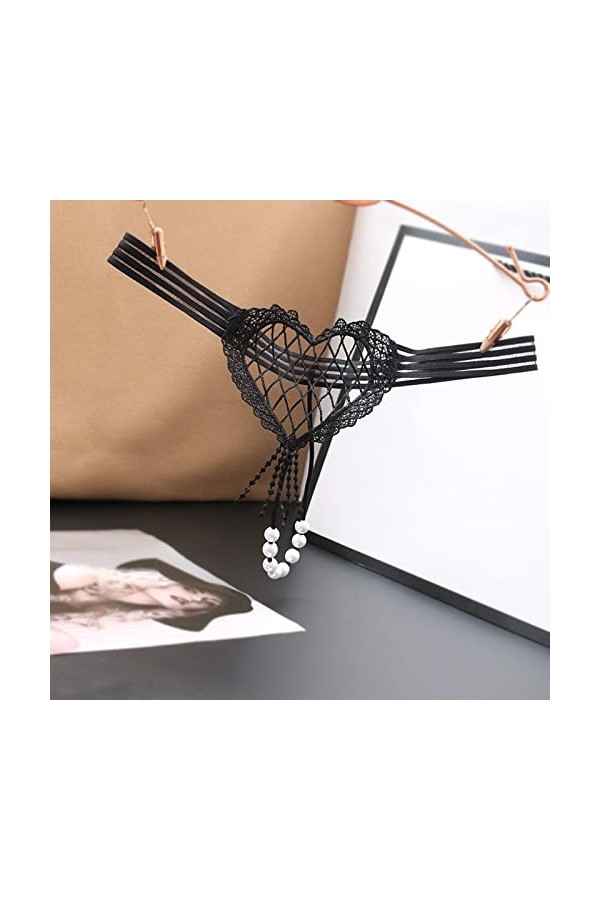 Culotte Creuse en Forme de cœur Sexy pour Femme Culotte Taille Basse Perle Sexy T Line Body Naissance Papa Black, One Size 