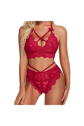 iYmitz Dames Trois Points Lingerie Sexy Dentelle Soutien-Gorge Culotte Deux pièces Costume Grande Chaussette Sexy