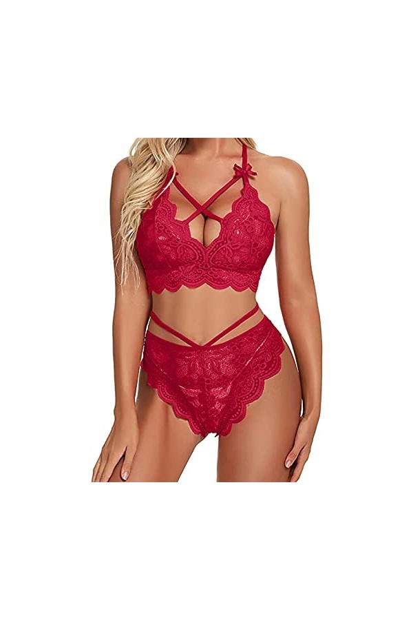 iYmitz Dames Trois Points Lingerie Sexy Dentelle Soutien-Gorge Culotte Deux pièces Costume Grande Chaussette Sexy