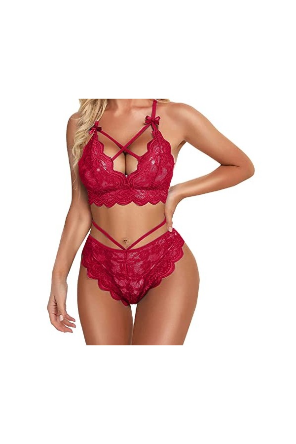 iYmitz Dames Trois Points Lingerie Sexy Dentelle Soutien-Gorge Culotte Deux pièces Costume Grande Chaussette Sexy