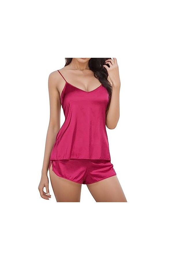 Jiabing Pyjama Pyjama Ensemble Lingerie vêtements de Nuit Femmes Shorts Sexy Satin Set Lingerie Sexy Cuir Hot Pink, XL 