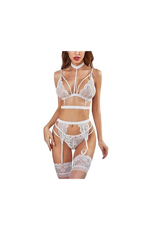 Zshosam Lingerie sexy en latex pour femme - Couleur unie - Avec col amovible - Soutien-gorge à lanières et culotte - Sans bas