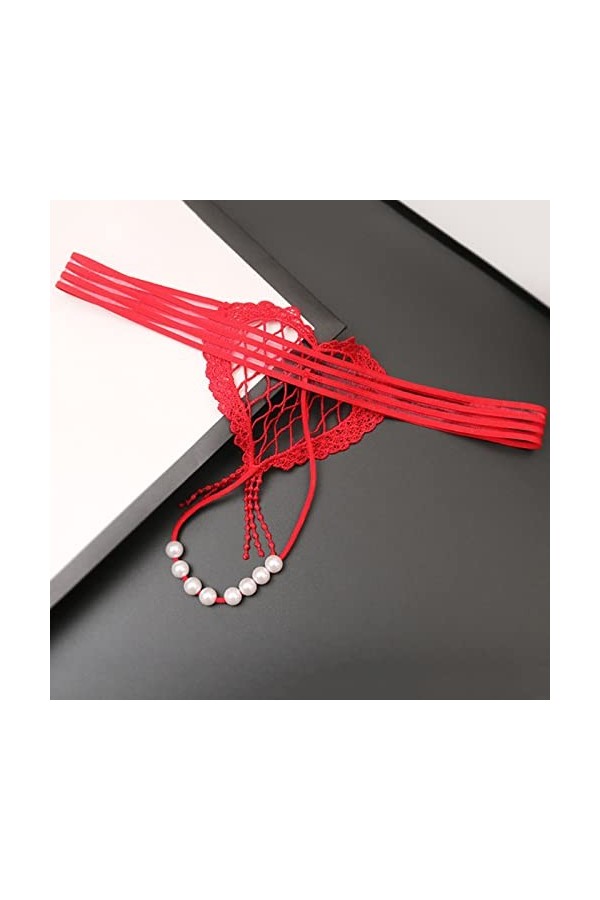 BIISDOST Culotte Creuse en Forme de cœur Sexy pour Femme Culotte Taille Basse Perle Sexy T Line Body Naissance Papa Red, One