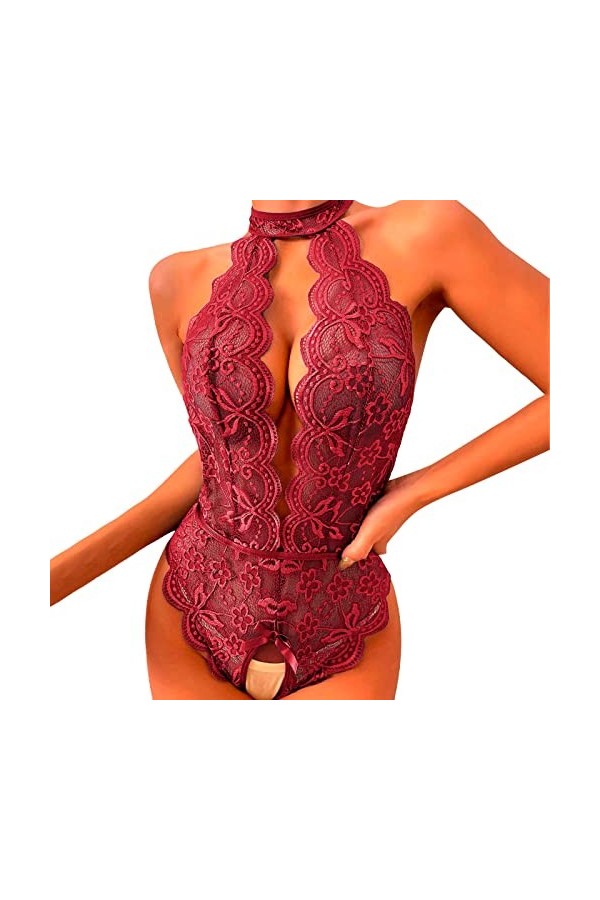 Hasagimol Lingerie Sexy Femme Pute One-Piece Deep V Dos Nu Réglable Teddy Sous-VêTement Entrejambe Ouvert Dentelle Babydoll B