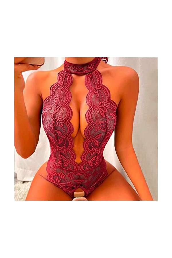 Hasagimol Lingerie Sexy Femme Pute One-Piece Deep V Dos Nu Réglable Teddy Sous-VêTement Entrejambe Ouvert Dentelle Babydoll B