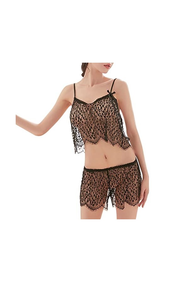 Briskorry Nuisette Femme Sexy Chemise de Nuit Col V sans Manches Dentelle Spaghetti Strap Femmes Spaghetti Reglables Sling Py