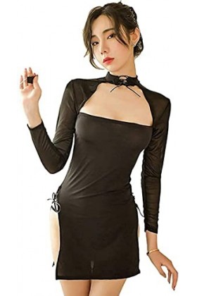 YYAN Nuisette sexy à manches longues en maille pour femme Noir Taille unique