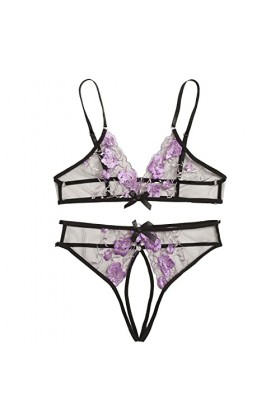 LIBELLEFLY Ensemble de lingerie sexy en maille brodée à trois points pour femme - Lingerie sexy avec soutien-gorge et culotte