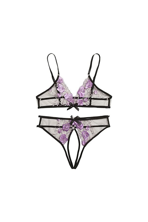 LIBELLEFLY Ensemble de lingerie sexy en maille brodée à trois points pour femme - Lingerie sexy avec soutien-gorge et culotte
