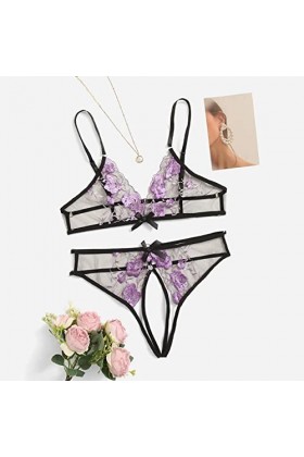 LIBELLEFLY Ensemble de lingerie sexy en maille brodée à trois points pour femme - Lingerie sexy avec soutien-gorge et culotte
