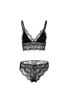 Ensemble de lingerie sexy à manches longues pour femme avec bretelles en dentelle creuse, Noir , XL