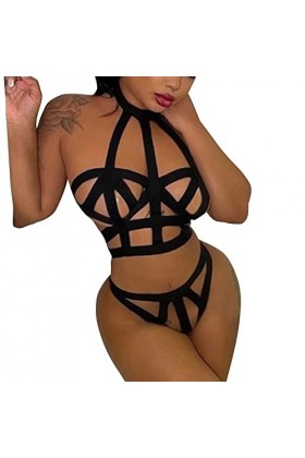 Gelb&Schwarz Lingerie Body Sexy Chic Femmes Licou Cou évider Lingerie Ensemble Soutien-Gorge et Culotte Ensembles 2 pièces Nu