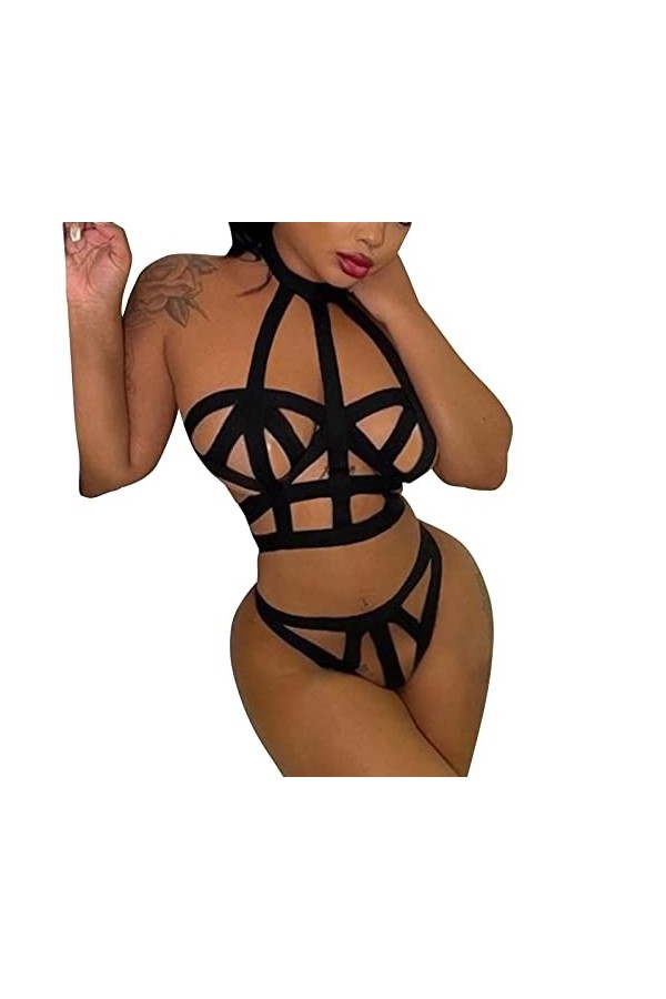 Gelb&Schwarz Lingerie Body Sexy Chic Femmes Licou Cou évider Lingerie Ensemble Soutien-Gorge et Culotte Ensembles 2 pièces Nu