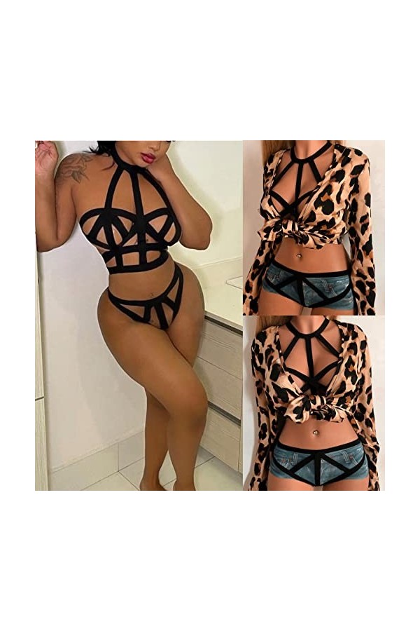 Gelb&Schwarz Lingerie Body Sexy Chic Femmes Licou Cou évider Lingerie Ensemble Soutien-Gorge et Culotte Ensembles 2 pièces Nu