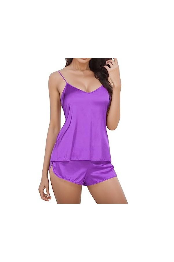 Jiabing Pyjama Pyjama Ensemble Lingerie vêtements de Nuit Femmes Shorts Sexy Satin Set Lingerie Sexy Cuir Purple, XXL 