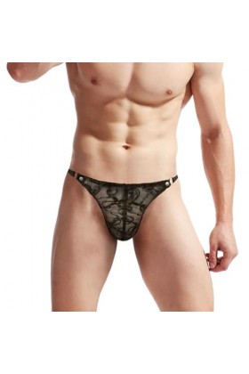 BreakEgg String en dentelle pour homme - Taille basse - Sous-vêtements sexy pour homme - Lingerie de nuit bombée sur le devan