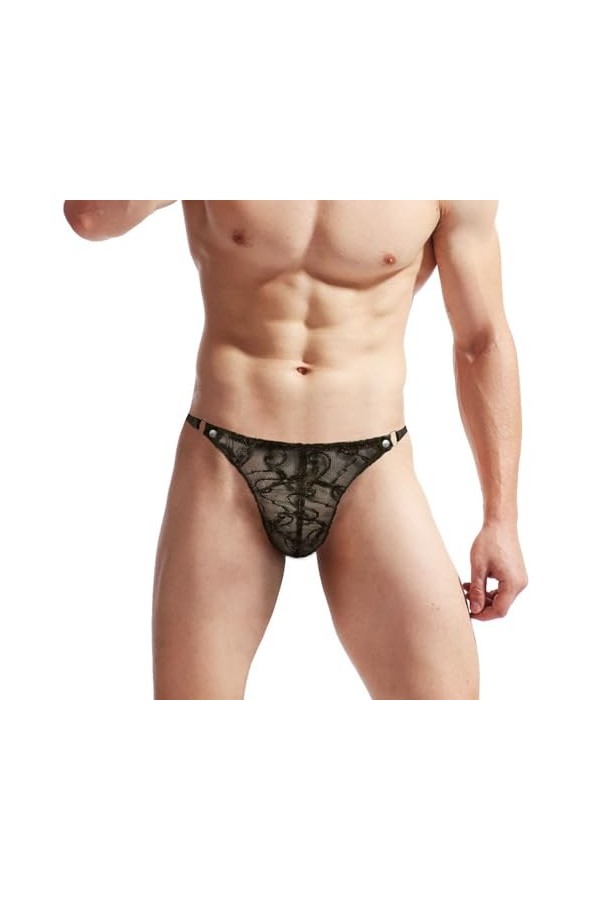BreakEgg String en dentelle pour homme - Taille basse - Sous-vêtements sexy pour homme - Lingerie de nuit bombée sur le devan