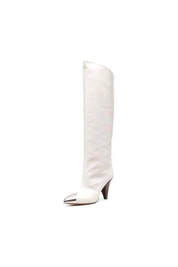 WOkismD 7.5CM/2.95IN Mode Bout Pointu Talon Épais Sexy Et Élégant Femmes Discothèque Bottes Haut Genou Pole Danse Bottes,Blan