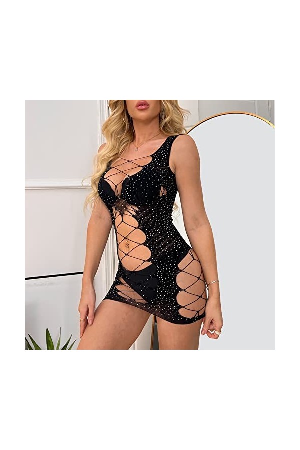 Femme Sexy Bodystocking Résille Combinaison Femme Solide Couleur Beauté Enveloppé Poitrine Hot Diamond Fun sous-Vêtements Dot