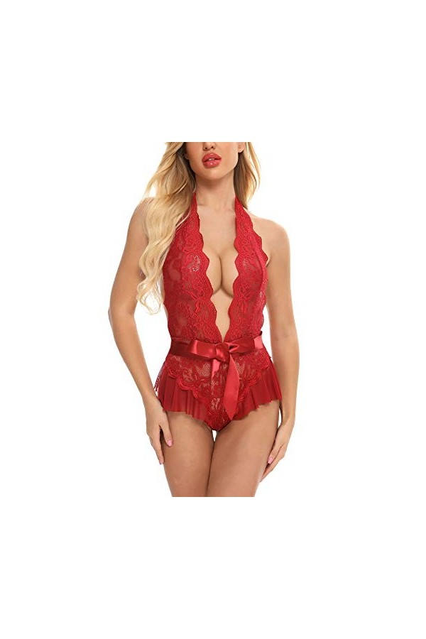 KELITCH Body en Dentelle pour Femmes Sexy col en v Dos Nu Lingerie Une pièce Garniture Combinaison Teddy Nuisette vêtements d