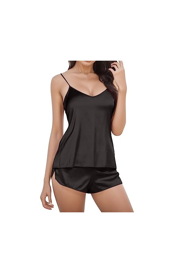 Jiabing Pyjama Pyjama Ensemble Lingerie vêtements de Nuit Femmes Shorts Sexy Satin Set Lingerie Sexy Cuir Black, XXL 