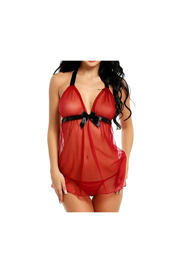 Femmes Sexy Lingerie Nuisette V-Cou Ouverte Bretelles Dos Nu Dentelle Transparent avec String Ensemble Lingerie Femme Halter 