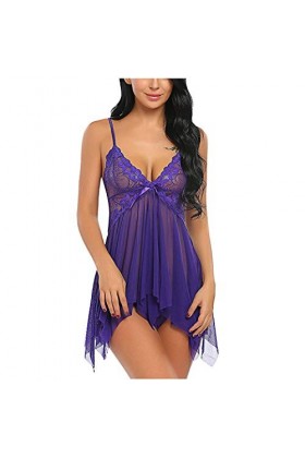 Chemise de nuit sexy à bretelles pour femme - Grande taille - Col en V - Chemise de nuit en dentelle, Bleu 4., XXL