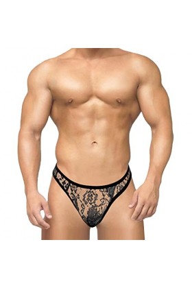 BIISDOST String Sexy pour Hommes avec Dentelle Taille Basse Transparente Voir à Travers des sous-vêtements Sexy Chemise De Nu